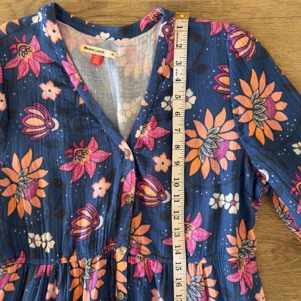 Marine Layer  Willow Long Sleeve V-neck Midi Dress-Cotton-Pockets-Batik Floral-M - Picture 8 of 16